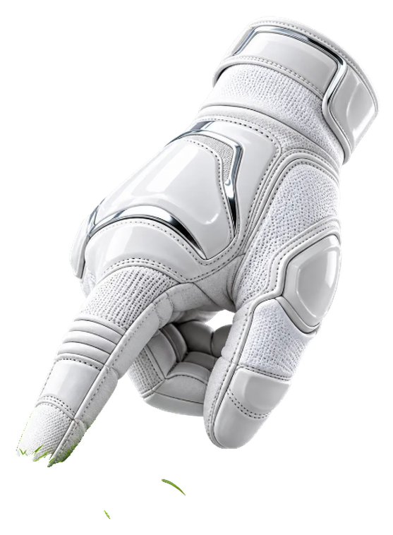 A white armored precision glove pointing one extended index finger down toward the grass
