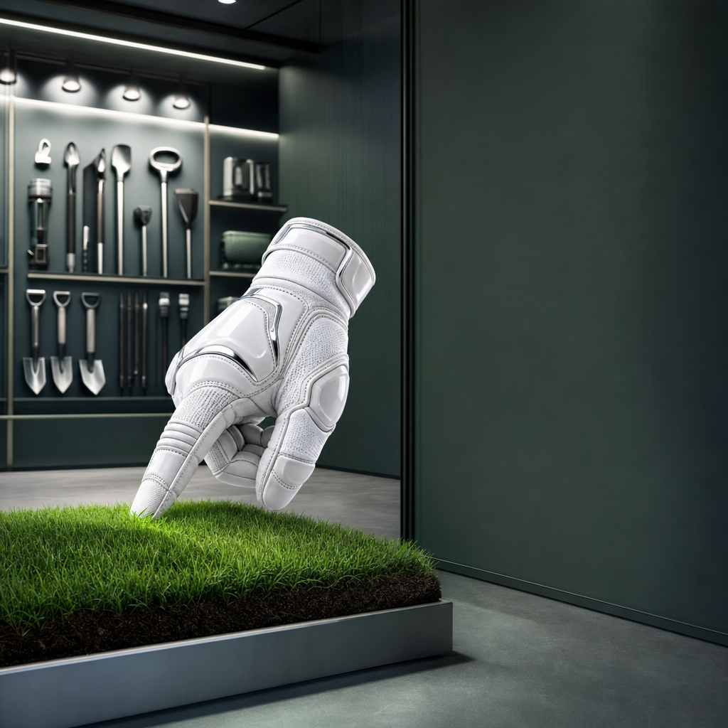 The white armored glove pressing a fingertip into a tray of lawn inside a dark showroom lined with polished garden tools